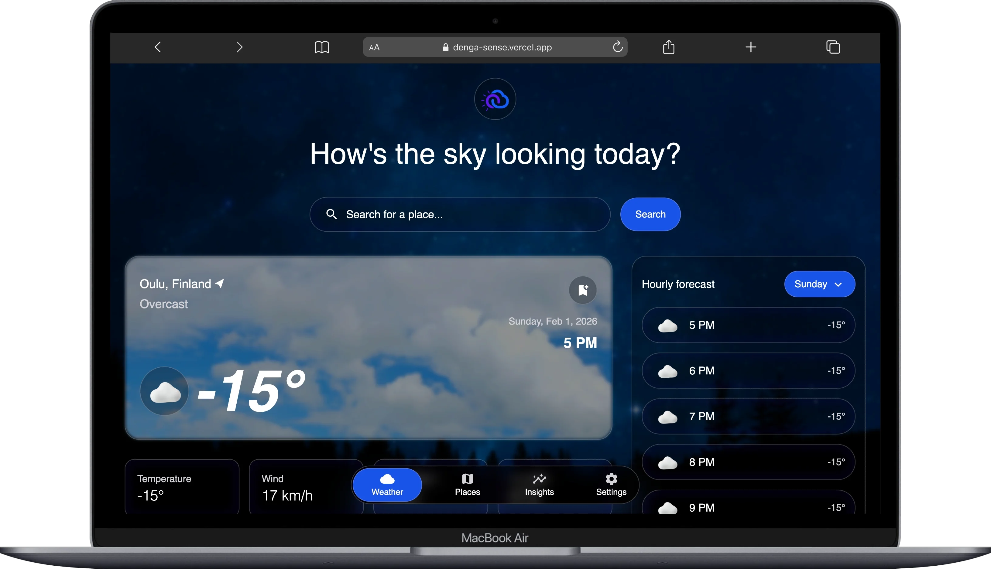 DengaSense places view in dark theme with saved locations list