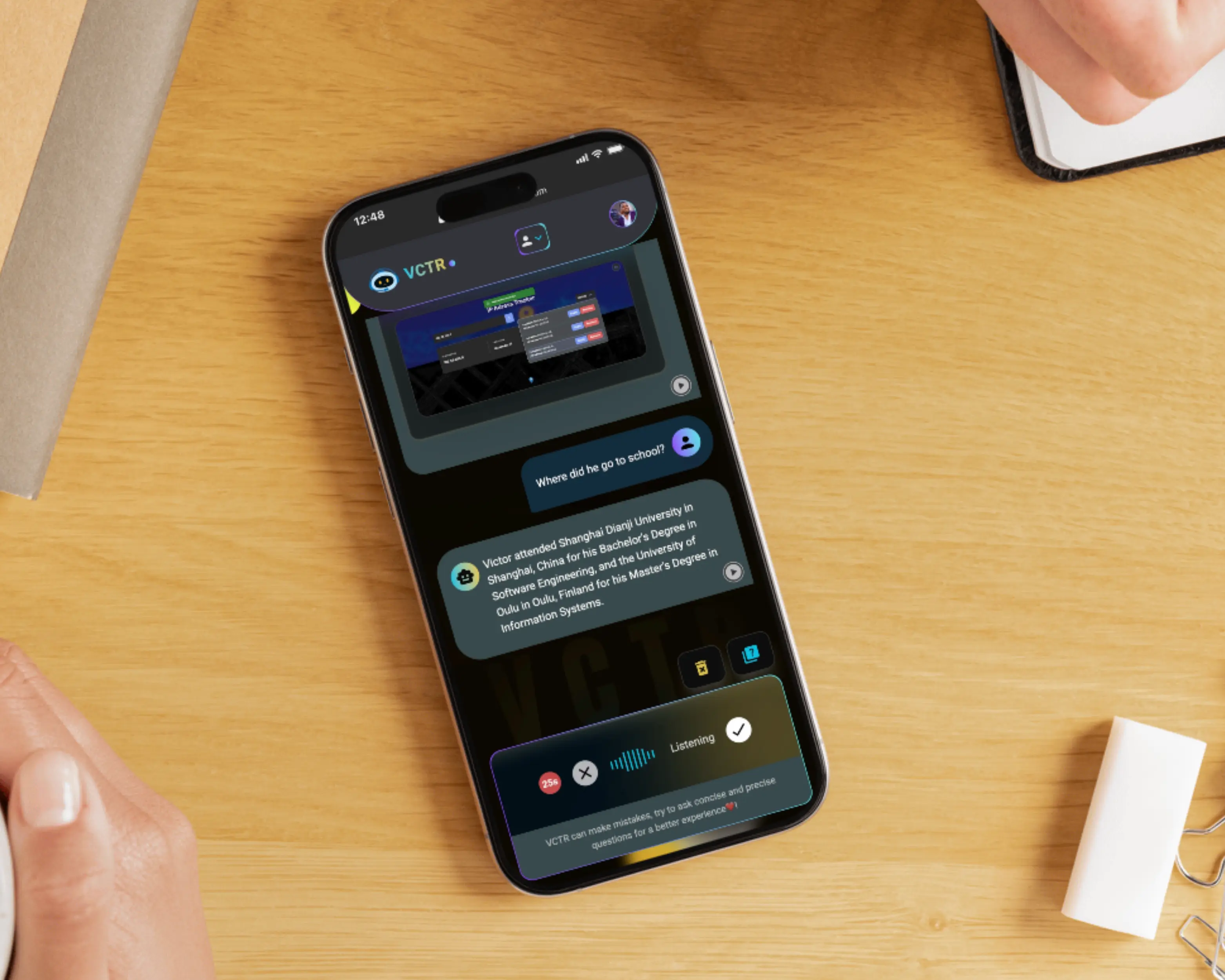 VCTR AI chat with voice recording mode enabled for audio input